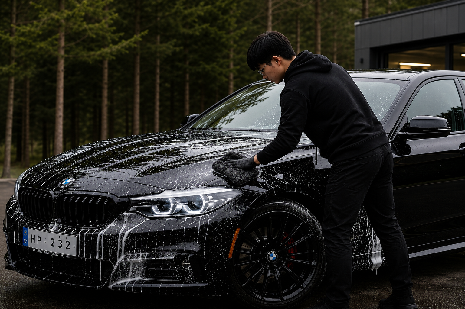 Detailer washing a black BMW at HP Auto Detailing