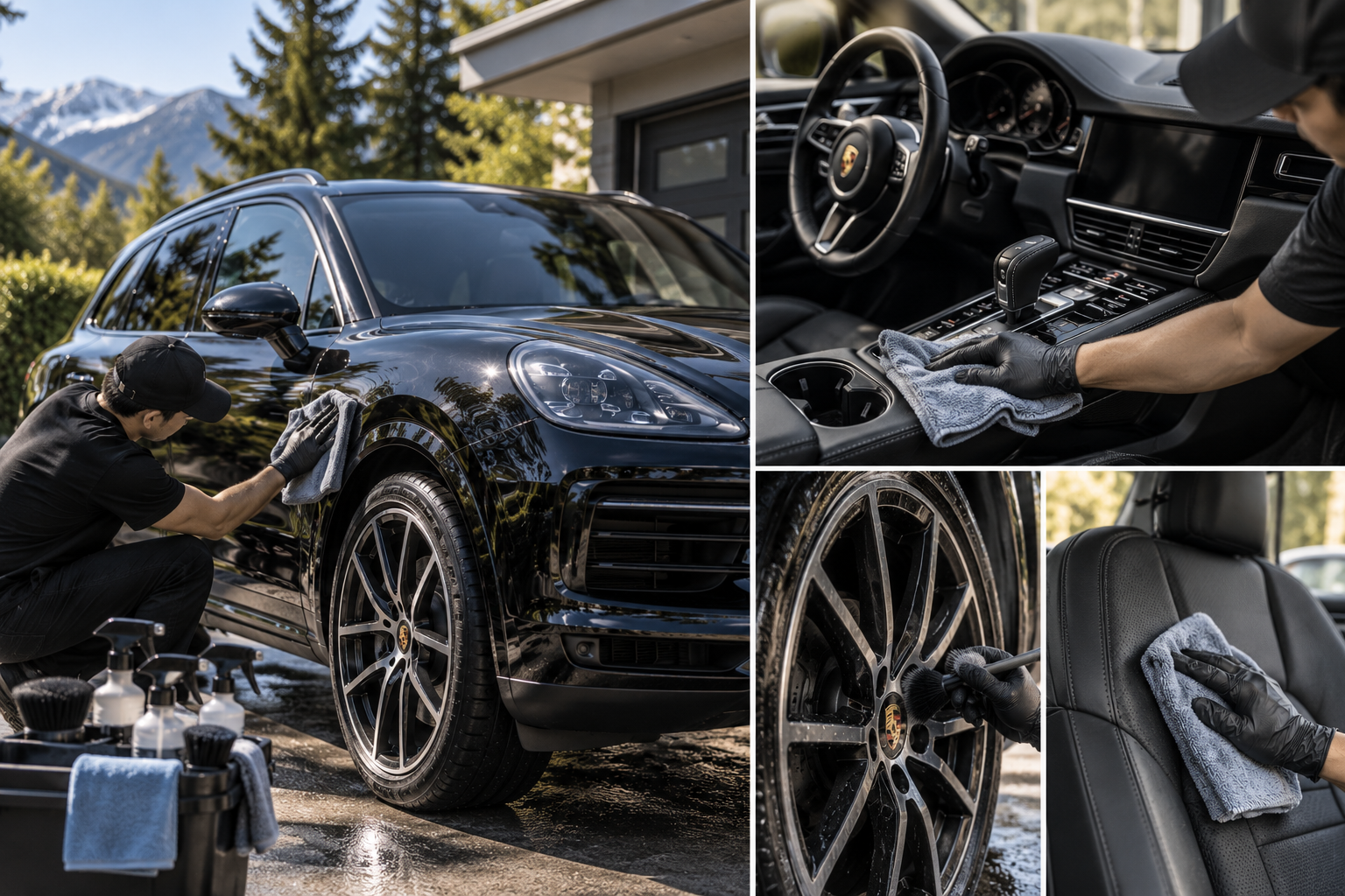 Black Porsche receiving exterior and interior maintenance detailing